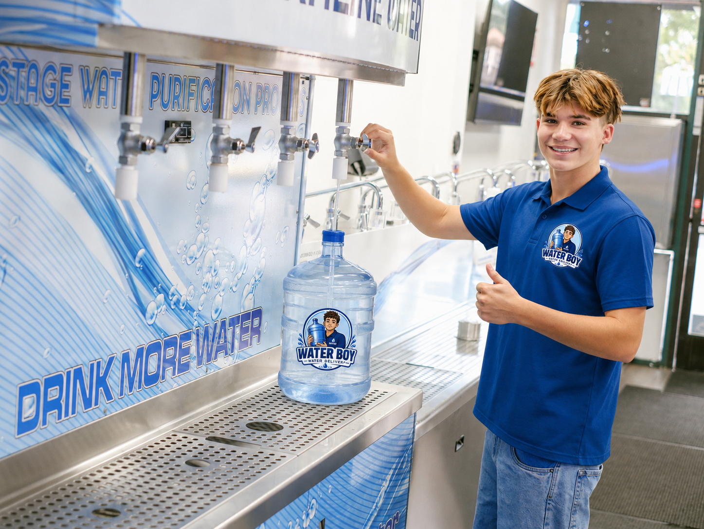 Water Boy delivery driver in a blue polo holding a 5 gallon water bottle at the refill station
